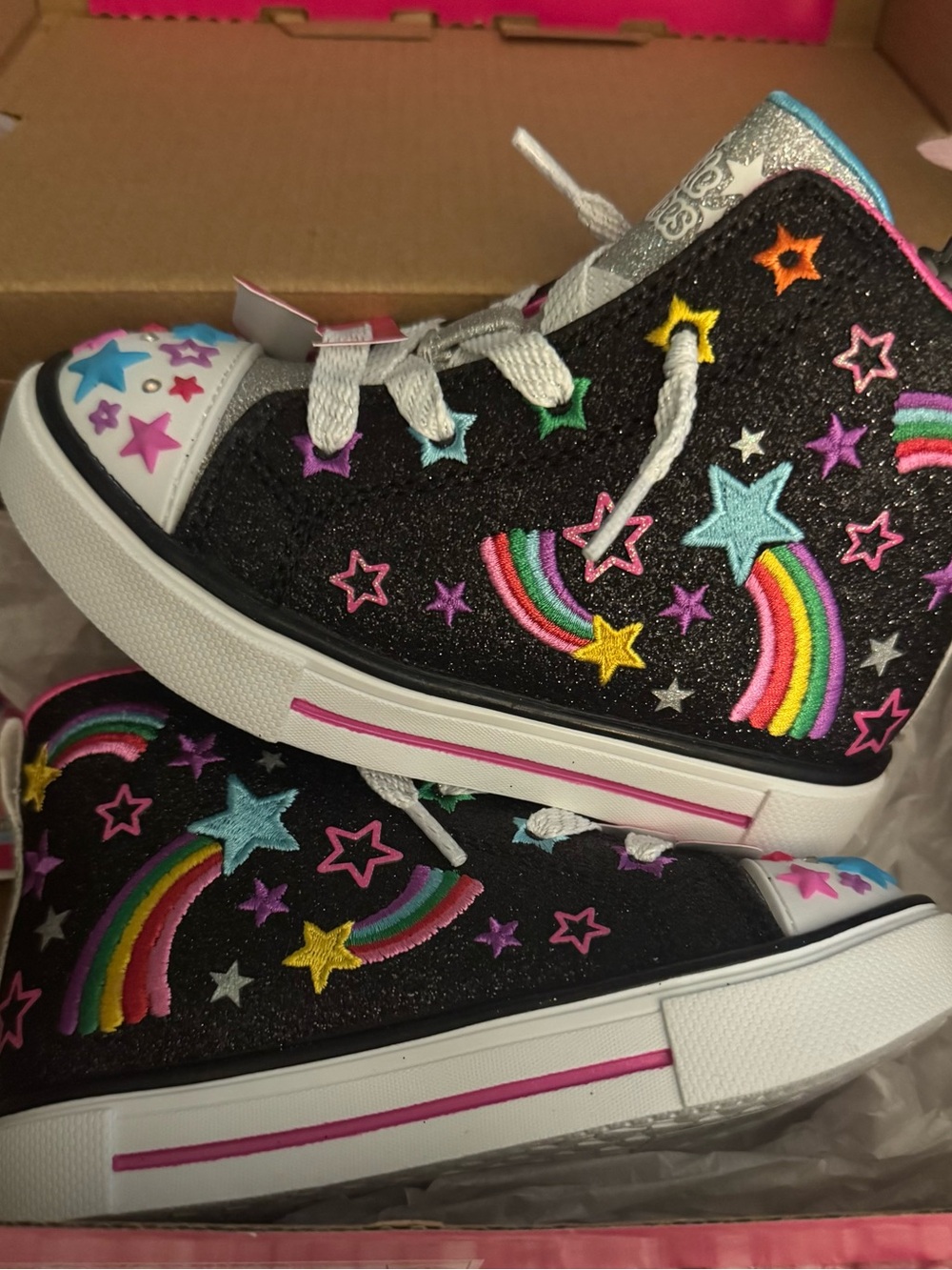 Skechers Kids Black Glitter High-Top Sneakers-Rainbow &Star Embroidery lights up